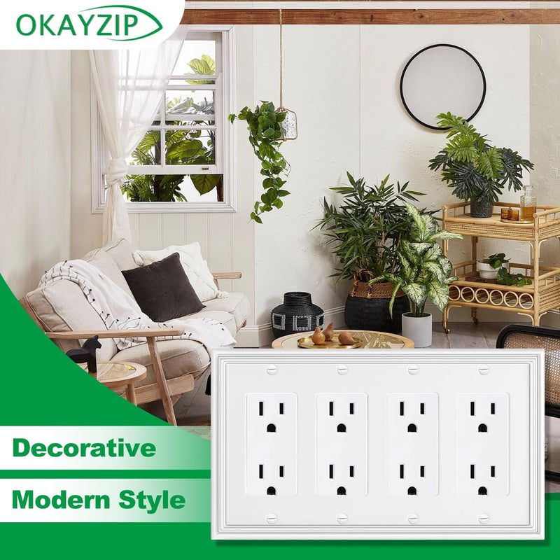 OKAYZIP White Decorative Quad Decorator Wall Plate, Natural Material Rocker Switch Plates Outlet Covers for Receptacle, GFCI Outlet, Dimmer Switch - Modern Style (4 Gang Decorator 1 Pack) - Image 4